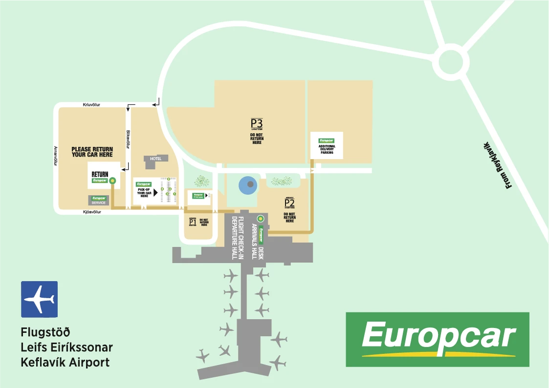 Map of car rental pick-up and return at Keflavik International Airport in Iceland