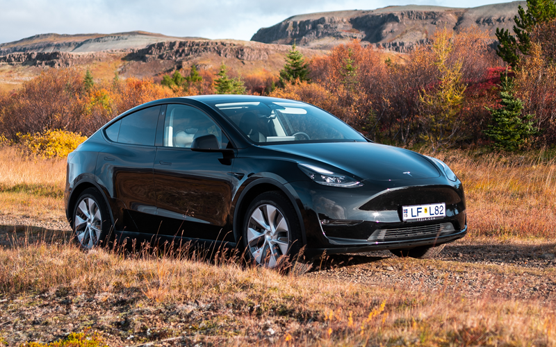 Black Tesla Y electric car from Holdur Car Rental in Iceland