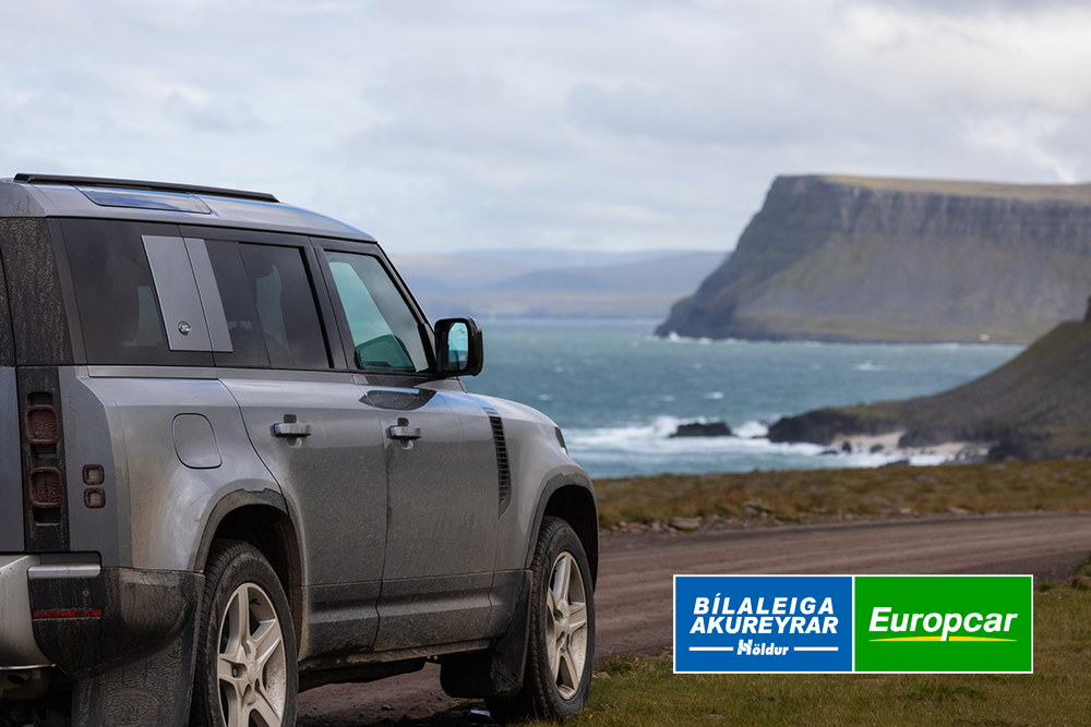 Land Rover Defender 4x4 SUV from Holdur car rental traveling in the west-fjords of Iceland