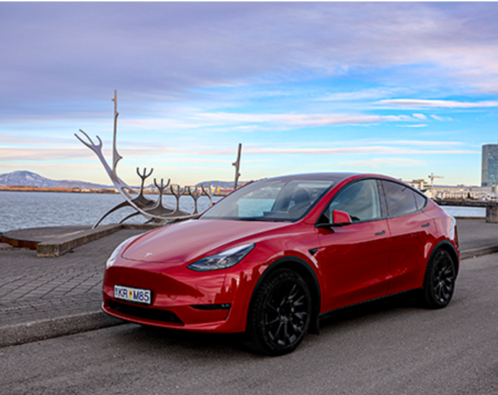 The Tesla Model Y is a popular EV to rent at Holdur car rental in Iceland