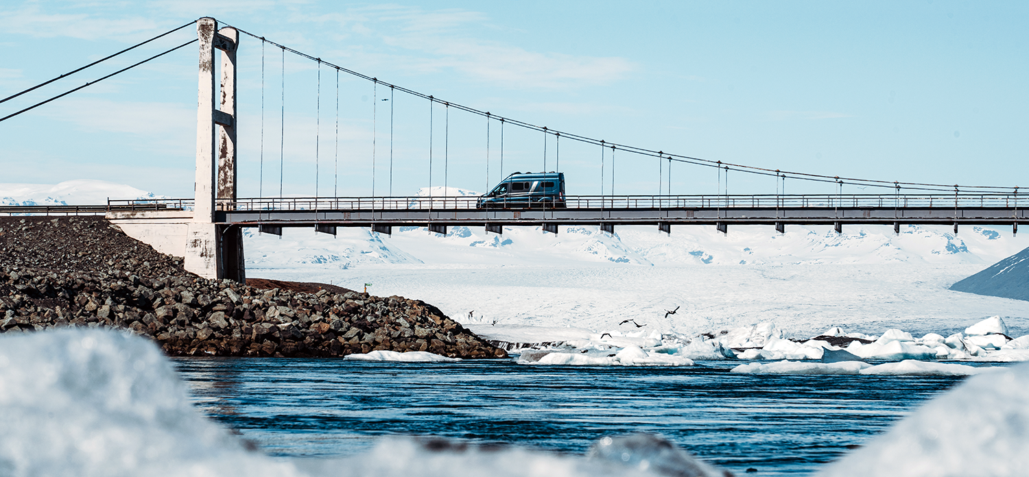 Camper van from Holdur Car rental driving on Ring-road-one on the Iceland south coast