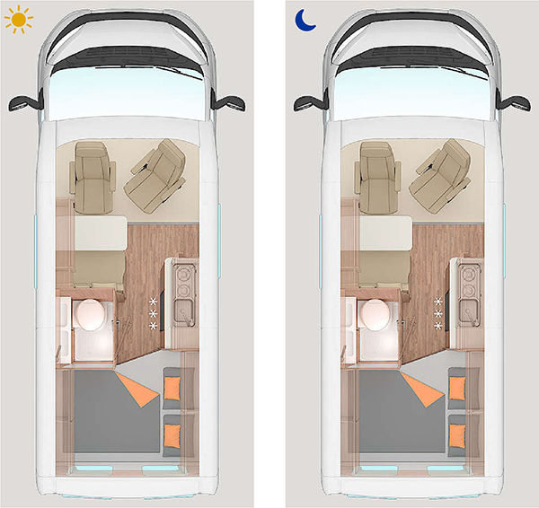 Day and night floorplan layout of RV camper group X13