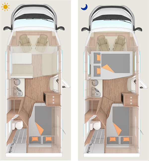 Day and night floorplan layout of RV camper group X13