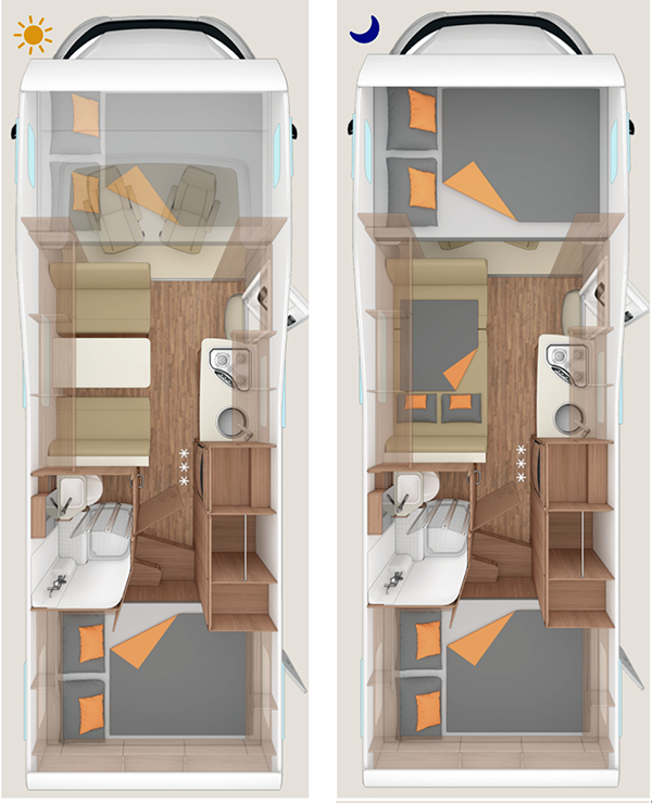 Layout floorplan day and night for Iceland Motorhome rental camper car group x30